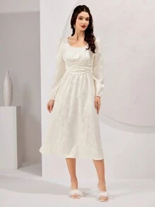 Modelyn Quý cô Màu thuần Textured Viền ren Đầm - trắng - Xem 7