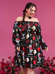 TOM & JERRY X SHEIN Plus Cartoon Graphic Off Shoulder Dress - Black - View 5