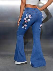 SHEIN SXY Jeans Acampanados De Bordado Floral Para Mujeres