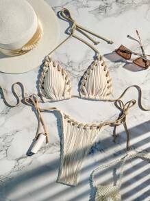 Swim Vcay 夏季海滩女士拼色露背分体比基尼套装带绳索细节音乐节 - 杏色 - 查看 2