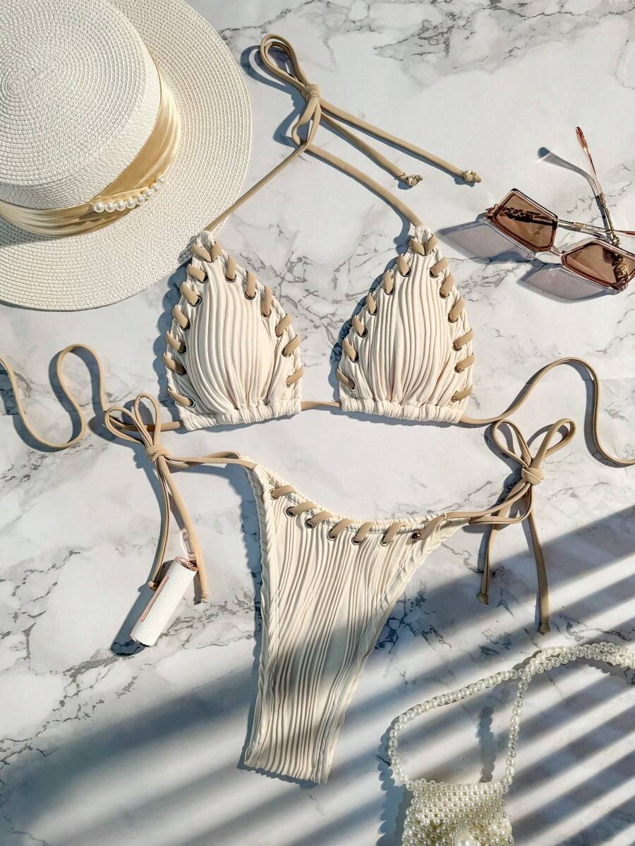 Swim Vcay 夏季海滩女士拼色露背分体比基尼套装带绳索细节音乐节