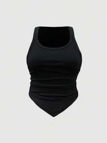 SHEIN ChicEase Chất rắn Có màu sắc Đan Xương sườn Viền không đối xứng Xếp li Áo ba lỗ Bộ , Nhiều Màu sắc sẵn có - Nhiều màu - Xem 4