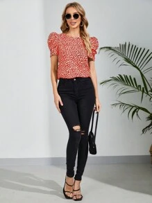 SHEIN Clasi Của phụ nữ Love Tim In Ngắn Ống tay áo Áo sơ mi - Đỏ - Xem 3