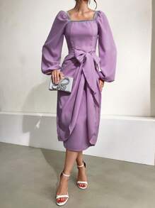 Modelyn Women's Contrast Color Decorated Square Neck Lantern Sleeve Dress - Purple - View 3