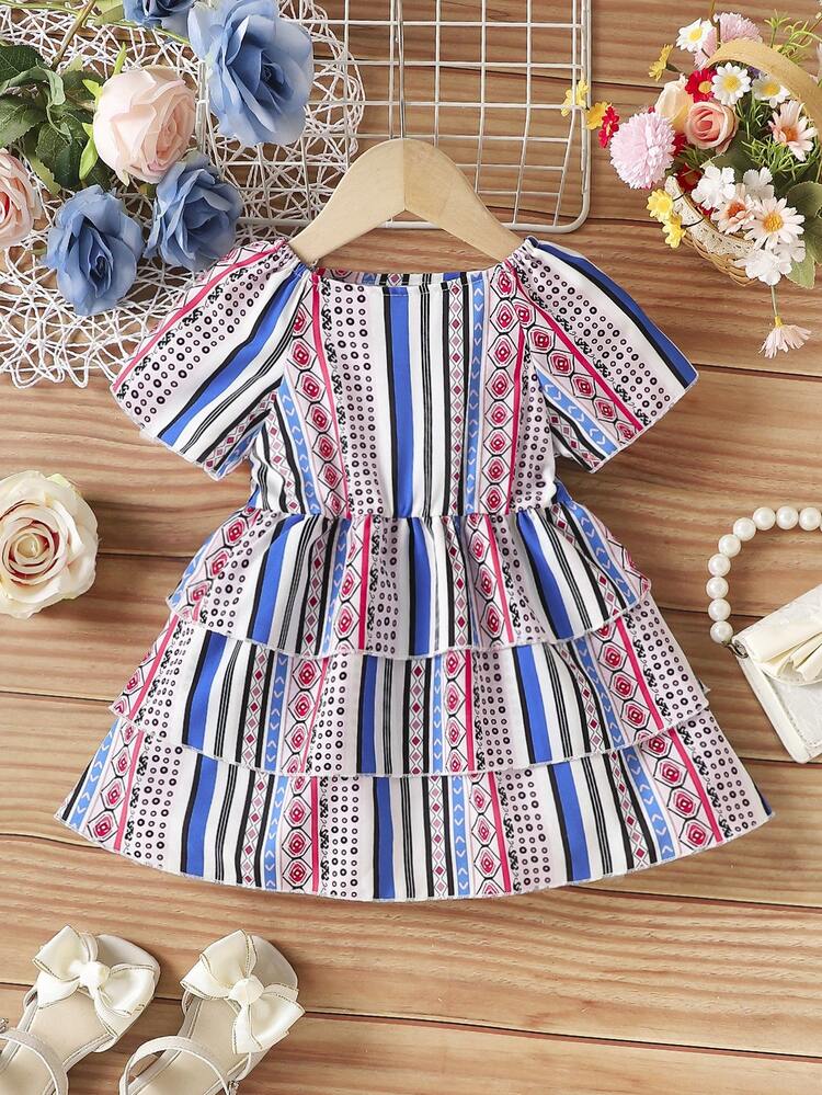New Arrival Baby Girl Casual Bohemian Style Geometric Printed Cak Dress With Square Collar, Princess Style