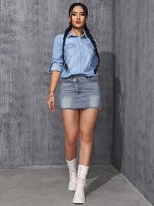 Của phụ nữ Flip Túi Tay áo dài Áo denim Áo - Rửa nhẹ - Xem 5