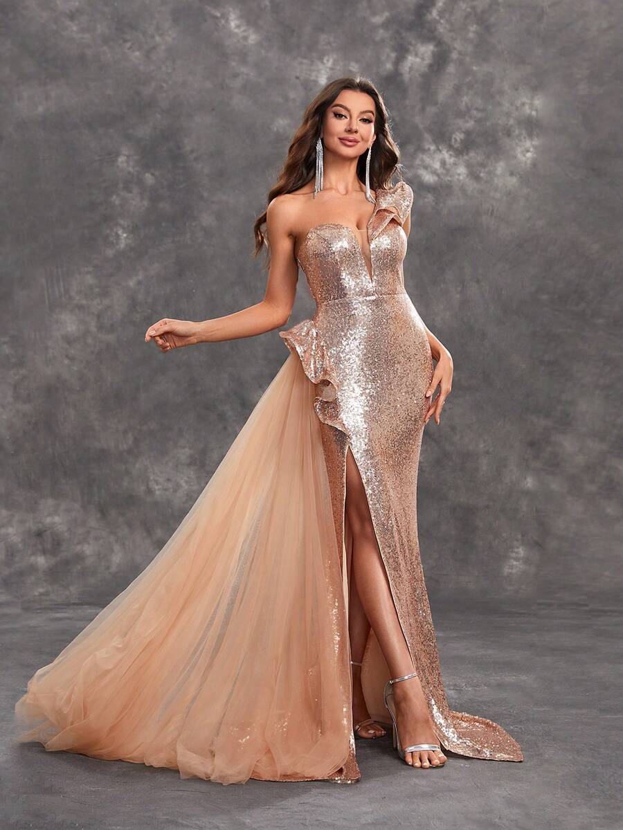 YISIKADO Women's Sleeveless Sequined Cocktail Party Dress With Ruffled Hem & Side Slit, Formal Evening Gown - Champagne - View 1