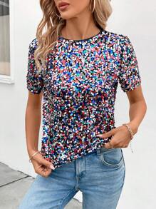 SHEIN Clasi Women's Round Neck Short Sleeve Sparkly T-Shirt - Blue - View 4