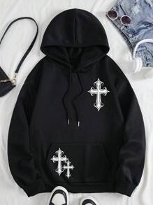 SHEIN Slayr Sudadera con capucha con cordón y estampado cruzado para mujer talla grande, para invierno - Negro - Ver 6