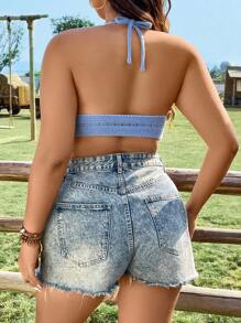Flirla Plus Size Cloud Embroidery Halter Knitted Top