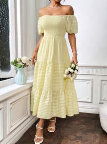 SHEIN LUNE Women Dresses Ruffle Hem Shirred Plain Casual - Kuning - View 6
