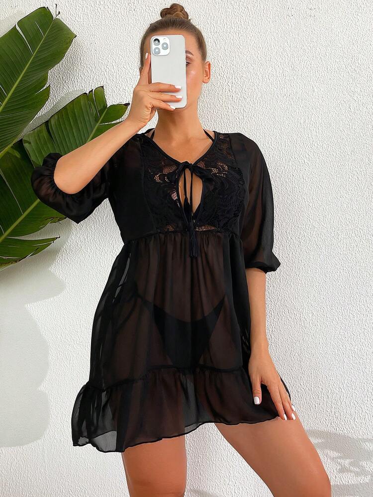 Women's Contrast Lace Mesh Separated Bikini Set 3pcs/Set Summer Beach