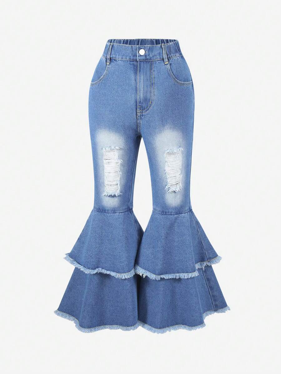 Quần denim xanh giặt vừa cho bé gái tuổi mới lớn, quần ống loe hai lớp, quần dài cá tính, trang phục dạo phố phù hợp - Rửa trung bình - Xem 1