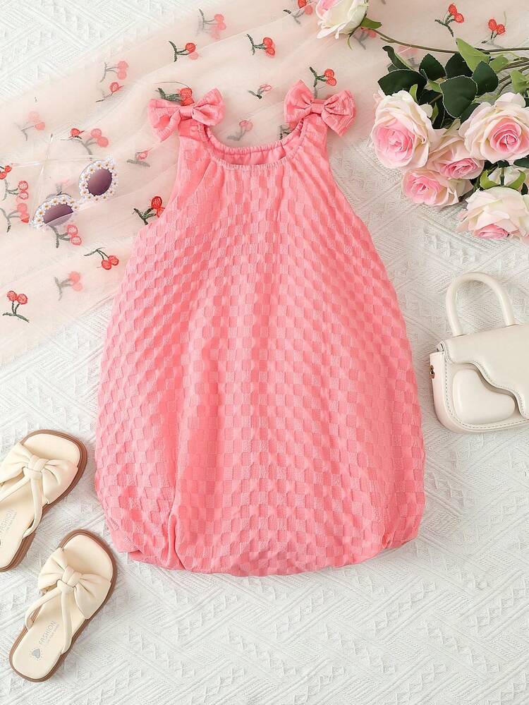 Young Girls' Lovely Bubble Gingham Sleeveless Dress With Bowknot Shoulder Straps, Summer