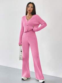 SHEIN EZwear Autumn And Winter 2pcs/Set Women V-Neck Button Decor Contrast Color Long Sleeve Top And Knitted Long Pants Sweater Suit - Pink - View 4