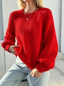 EURMUSE Plus Size Women's Round Neck Raglan Long Sleeve Sweater Pullover - Red - View 5