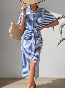 Chiquease Striped Batwing Sleeve Shirt Dress - Blue - View 5