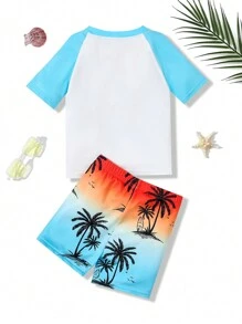 SHEIN Bộ đồ bơi 2 món áo thun tay ngắn in họa tiết cổ tròn thường ngày cho bé trai - Nhiều màu - Xem 2