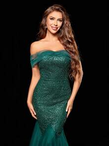 露肩透視網料修身連衣裙,設有亮片細節和側裙高叉裙 - 墨綠色 - 查看 5