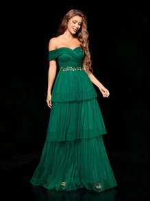 Off Shoulder Asymmetrical Layered Mesh Dress, Elegant Formal Evening Prom Wedding Guest Gown, For Graduation, Dinner Party Dress Spring - Dark Green - View 3