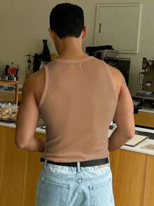 DAZY 男士基本款肋紋背心 - 杏色 - 查看 2