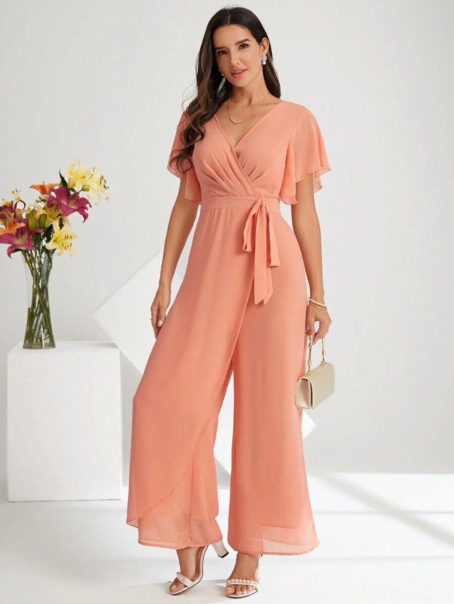 SHEIN Clasi Women's Solid Color Wrap Tie Jumpsuit - Coral Orange - View 1
