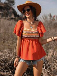 SHEIN LUNE Women's Geometric Printed Ruffle Short Sleeve Shirt - Orange - View 5