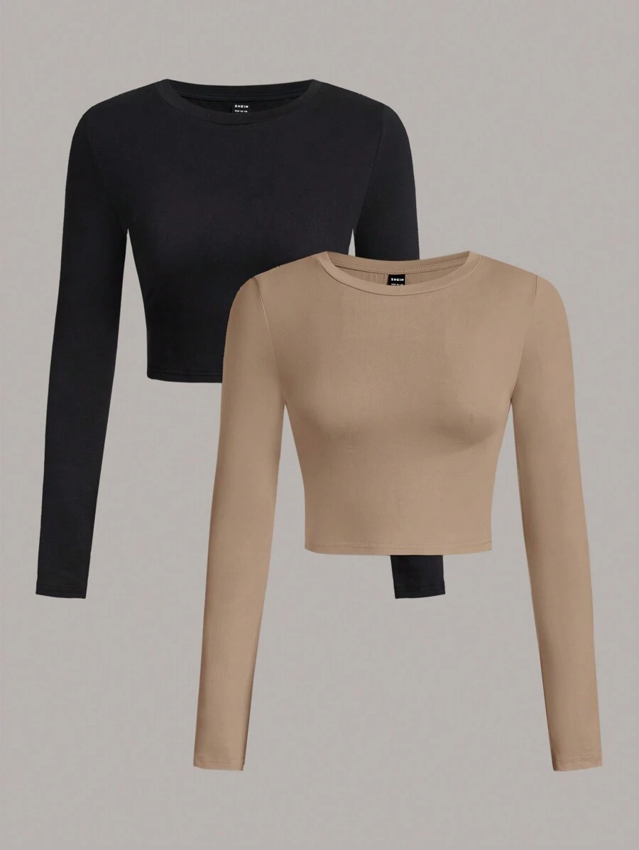 SHEIN EZwear 2 件纯色休闲圆领长袖修身女式 T 恤,适合春秋季节 - 彩色 - 查看 1