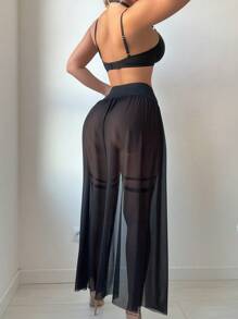 SHEIN 女士镂空胸罩和内裤套装，带有圆形装饰和性感细节内衣 - 黑色 - 查看 2