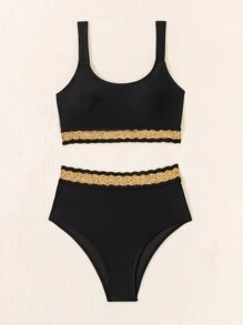 SHEIN Swim Tape Patchwork Round Neck Bikini Set Carnival - Black - View 3