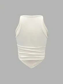 SHEIN ChicEase Chất rắn Có màu sắc Đan Xương sườn Viền không đối xứng Xếp li Áo ba lỗ Bộ , Nhiều Màu sắc sẵn có - Nhiều màu - Xem 6