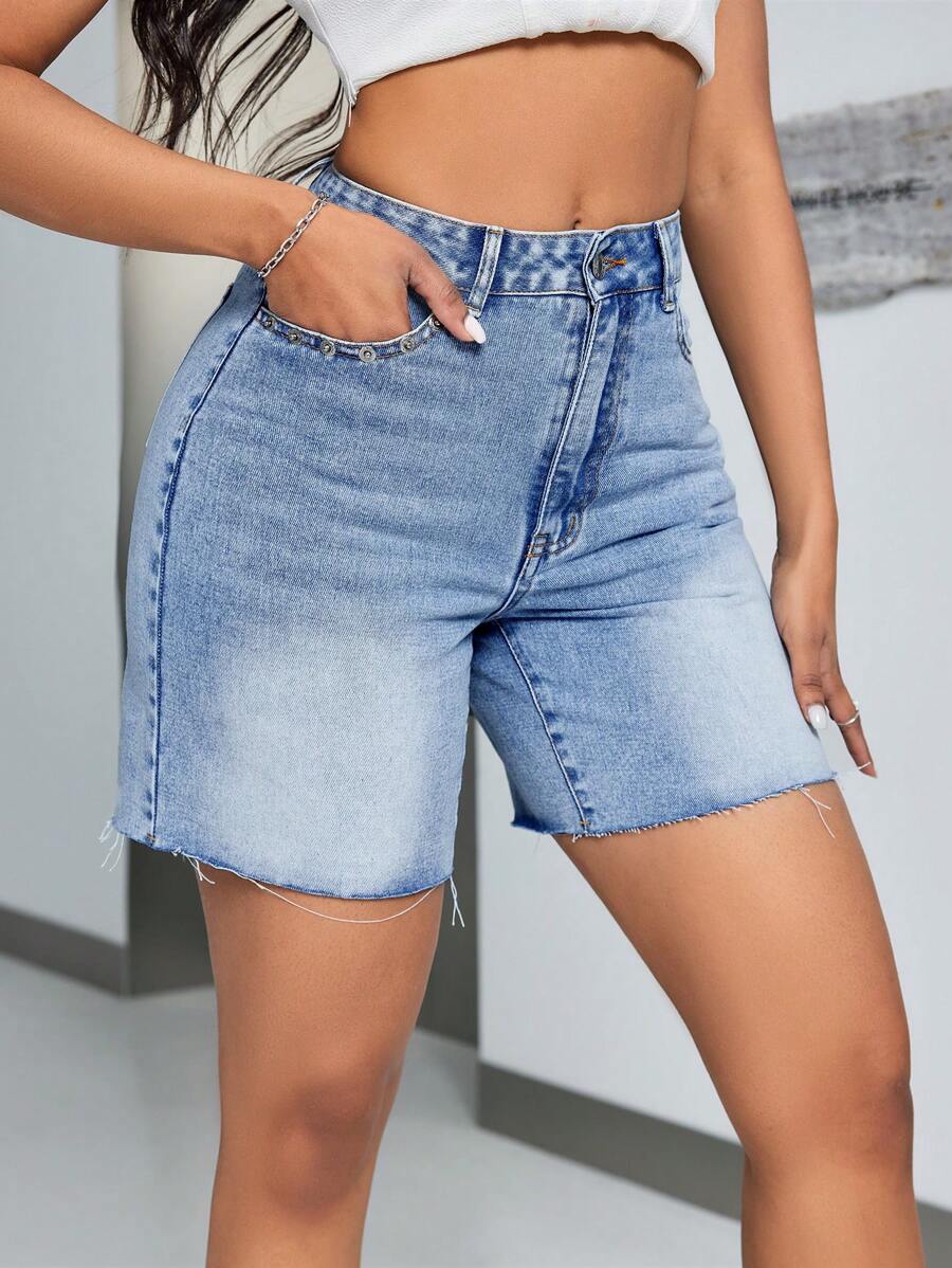 SHEIN SXY Frayed Hem Distressed Wash Denim Shorts - Blue - View 1