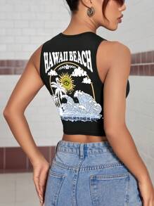 SHEIN EZwear bờ biển Đồ họa Lá thư Crop Tank Top - màu đen - Xem 1