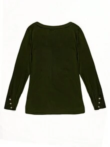 Women's Fashionable Casual Round Neck Long Sleeve Solid Color Button T-Shirt - Army Green - View 4