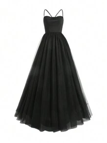 SHEIN Belle 女士长款网眼撞色细肩带正式晚礼服（重磅款式）黑色优雅舞会婚礼宾客礼服，适合毕业典礼、晚宴