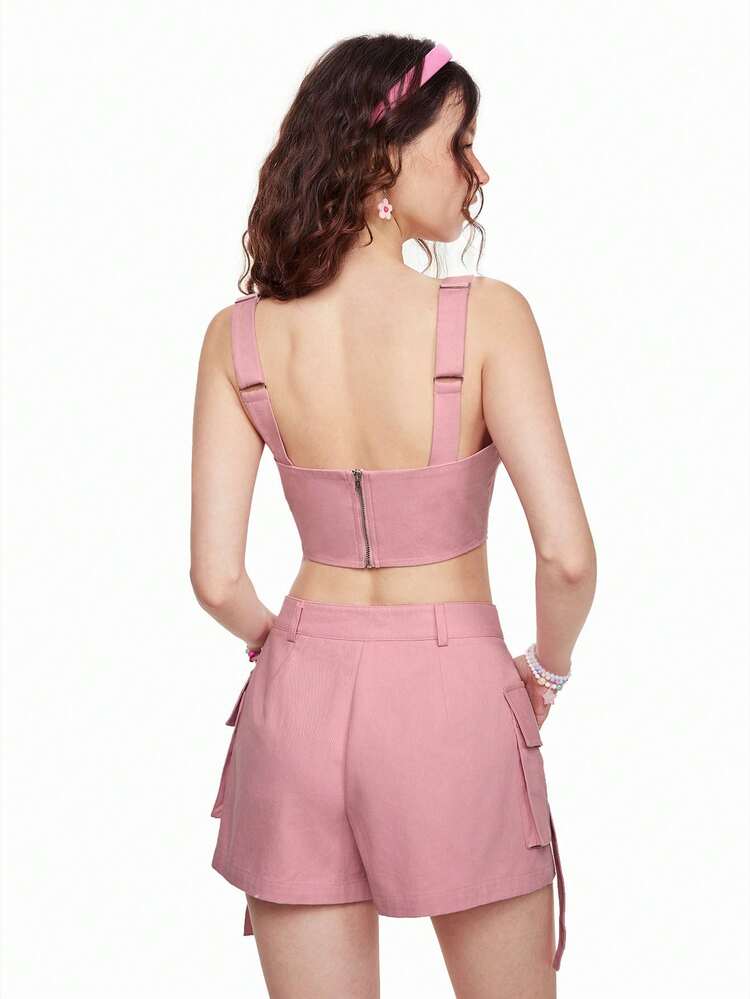 Women's Summer Music Festival Solid Color Asymmetric Hem Top And Utility Shorts Pink Two Piece Set