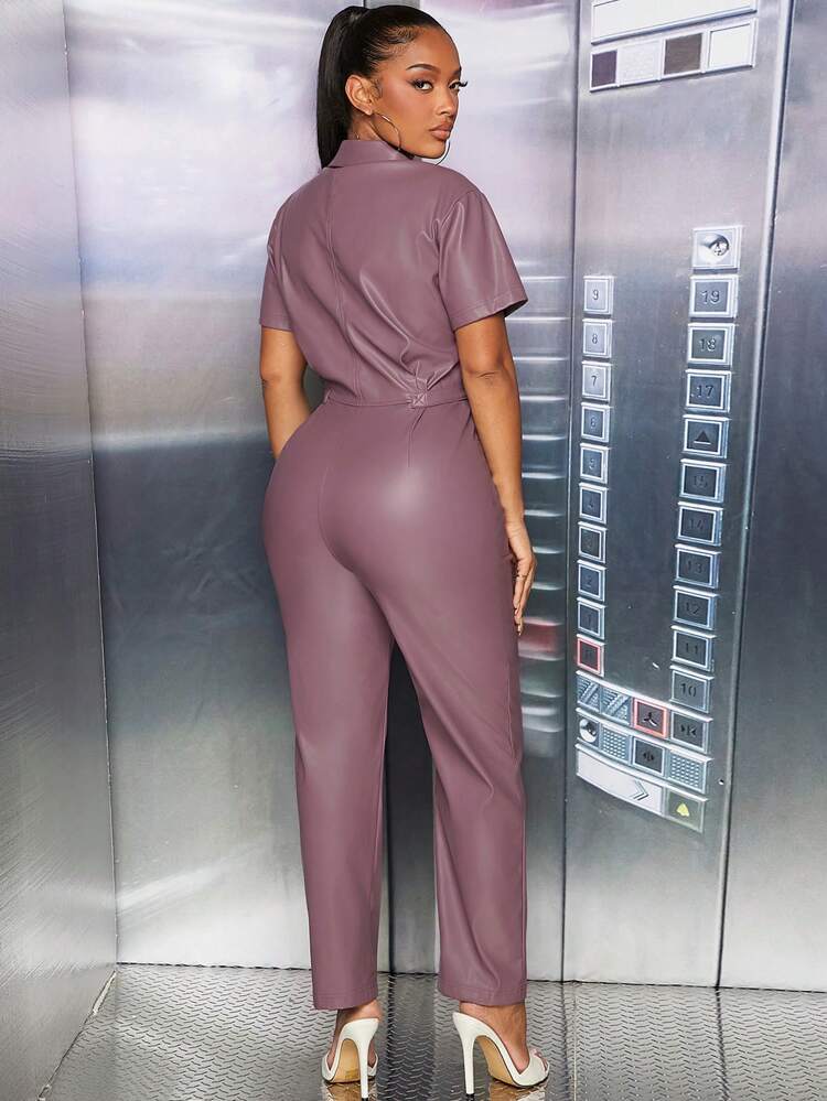 PU Leather Button Front Jumpsuit