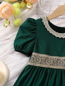 Young Girl's Green Puff Short Sleeve Dress With Gold Lace Trim - Green - View 5
