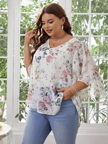 SHEIN Clasi 大尺碼v領花卉印花上衣,飄逸的鐘形袖 - 彩色 - 查看 5