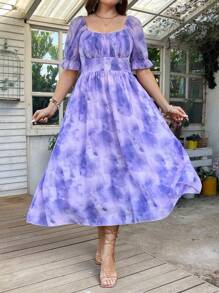 Flirla Plus Size Women's Square Neck Elegant Ombre Dress - Purple - View 4