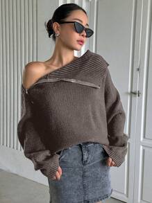DAZY Women's Asymmetrical Zipper Long Sleeve Cardigan,Fall Women Clothes - Grey - View 3