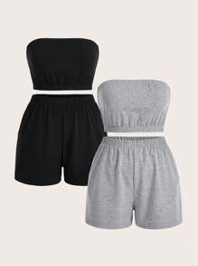 Flirla Kích thước lớn Của phụ nữ Màu thuần Ống ngọn Và Bộ quần short - Nhiều màu - Xem 1