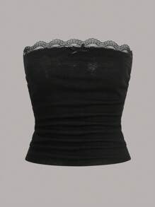 SHEIN Teen Girl Knitted Solid Color Lace Decorated Casual Tube Top With Matching Cardigan Two Pieces Set - Black and White - View 4