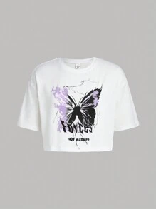 SHEIN ChillGRL Teen Girls' Butterfly & Letter Printed Short Sleeve T-Shirt And Tie Dye Flare Pants Set