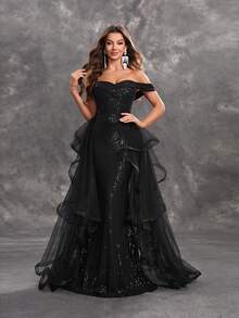 YISIKADO Women's Sparkly Cross Front Mesh Decorated Off Shoulder Evening Dress For Dance Party, Halloween - Black - View 5