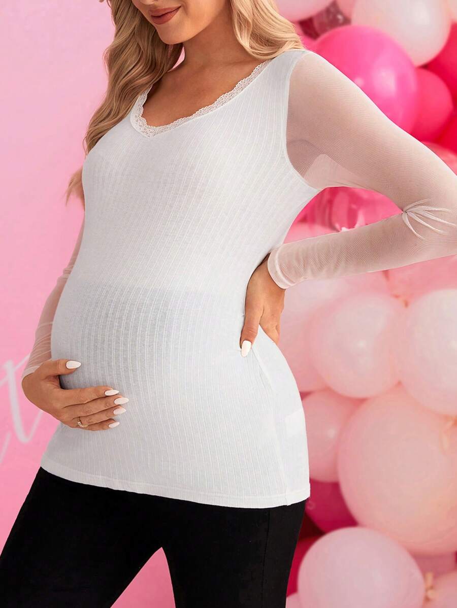 SHEIN Maternity Lace Trim V-Neck Mesh Long Sleeve T-Shirt - White - View 1