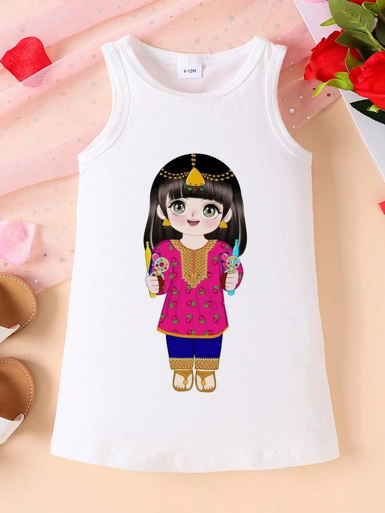 Cute Cartoon Girl Pattern Sleeveless Dress For Baby Girl, Spring And Summer