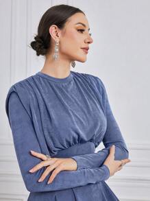 Modelyn Women's Solid Color Long Sleeve Dress Modest Dress - Dusty Blue - View 7