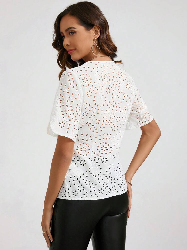 V-Neck Button Up Eyelet Embroidered Blouse