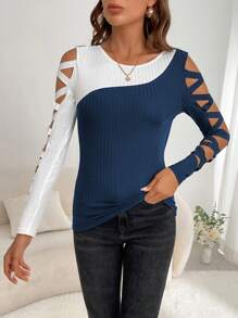 SHEIN Clasi 女款仿舊長袖拼色 T 卹 - 藍白色 - 查看 4